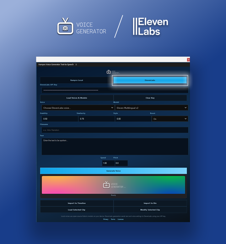 ElevenLabs Voice Generator Controls and Timeline Integration in Premiere Pro